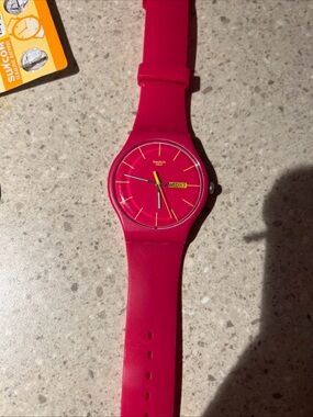 Swatch Red-Pink Silicone Watch with Yellow Accents